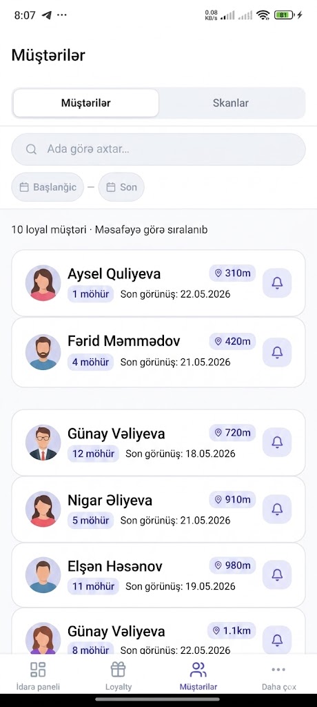 KefEləBoss müştəri siyahısı — loyallıq möhürlər və son ziyarət